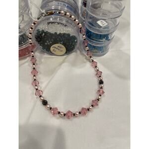 Rose Pink Austrian Crystals & Pearls 16” Necklace Matching Post earrings Set